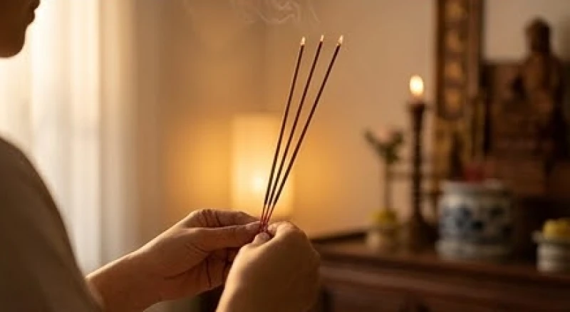 Đôi bàn tay thành kính thắp nén nhang trầm trước ban thờ để hồi hướng công đức cho người chồng quá cố