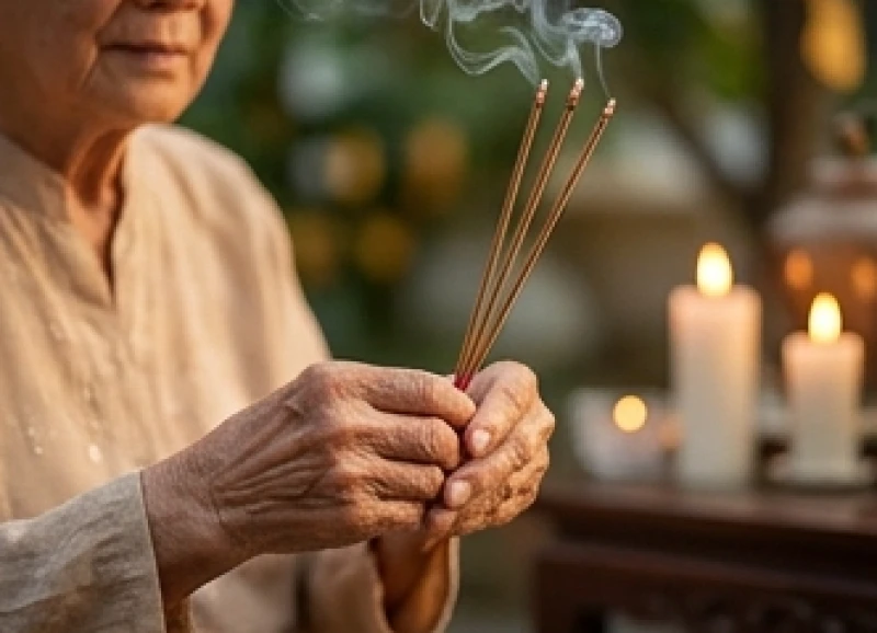 Tử vi tuổi Đinh Hợi 1947 năm 2027: Cách cúng sao và kiêng kỵ 9 Chắp tay thành tâm thắp hương cầu nguyện bình an và sức khỏe trước linh án