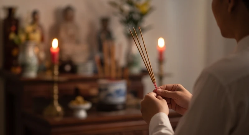 Bàn tay chắp lại thành kính thắp nhang trên bàn thờ gia tiên ấm áp