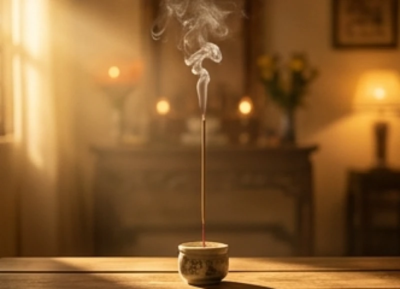 Nén nhang trầm tỏa khói nhẹ nhàng trên ban thờ gia tiên giúp xoa dịu tâm trí và cầu mong sự che chở