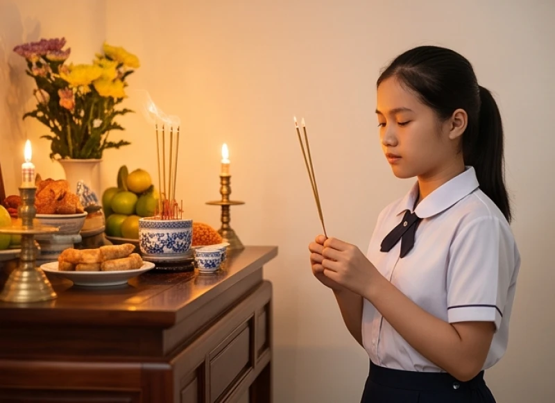 Người học sinh chắp tay thắp hương trước bàn thờ gia tiên để cầu mong sự minh mẫn và may mắn trước kỳ thi