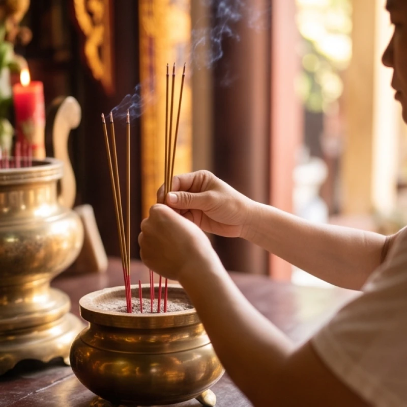Thao tác thắp hương và chắp tay khấn nguyện đúng chuẩn tại ban thờ đền phủ
