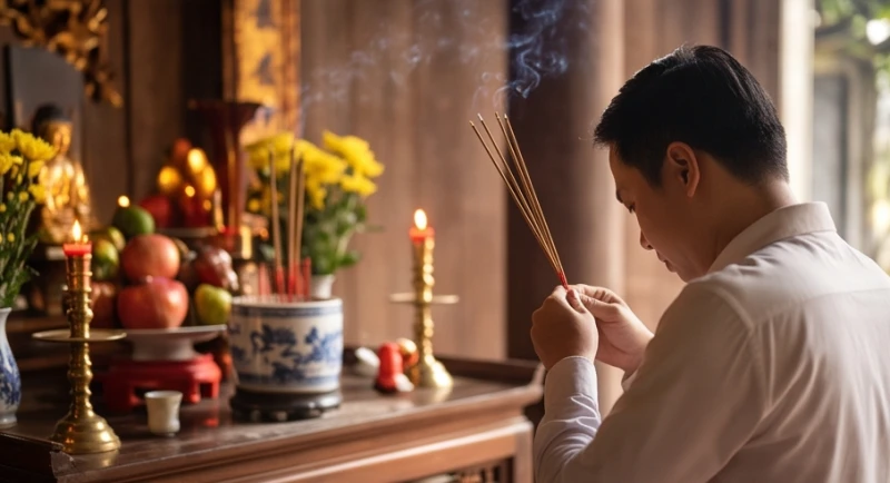 Văn khấn tạ lễ bán khoán: Bài cúng chuộc con đúng nghi thức 6 Tín chủ cầm nén hương đang cháy đượm, chắp tay thành kính vái lạy trước ban thờ khói tỏa nghi ngút
