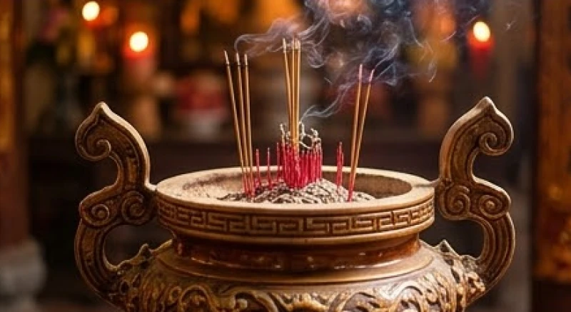 Văn khấn Cô Chín chuẩn nhất: Cách sắm lễ và quy trình dâng hương 5 Bát nhang trên ban thờ với những nén hương đang cháy dần để căn thời gian xin đài âm dương hạ lễ