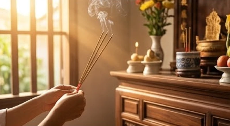 Gia chủ thành tâm thắp hương trên ban thờ gia tiên vào khung giờ Thìn buổi sáng