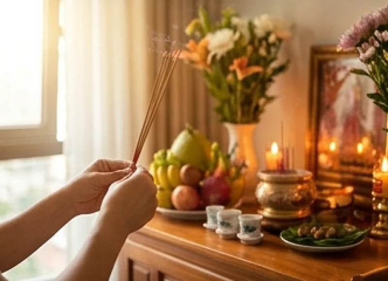 Văn khấn thần linh tại nhà: Trình tự cúng chuẩn và bài khấn 4 Gia chủ trong trang phục chỉnh tề đang thắp hương trên bàn thờ vào khung giờ sáng sớm