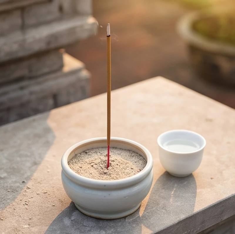 Một nén hương đỏ rực đang cháy đều đặn cạnh chén nước trong tinh khiết trên mặt bàn đá ngoài sân