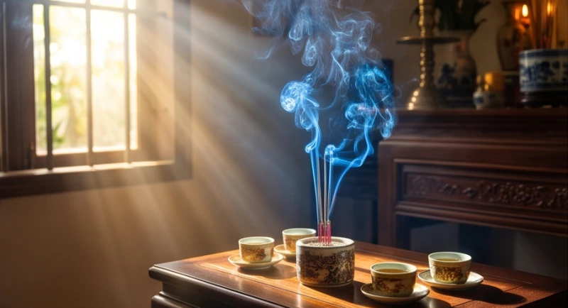 Ánh nắng ban mai chiếu rọi lên ban thờ khi gia chủ thành tâm dâng hương tạ ơn vào khung giờ Thìn.