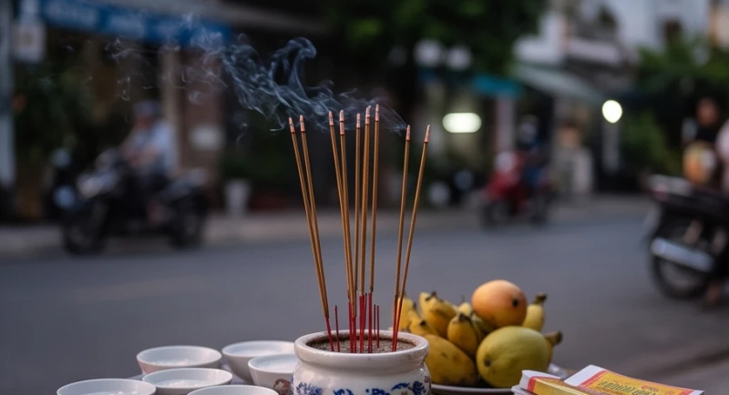 Những nén nhang cháy tĩnh lặng tỏa khói mờ ảo trên mâm cúng ngoài trời thể hiện sự xót thương và bình an