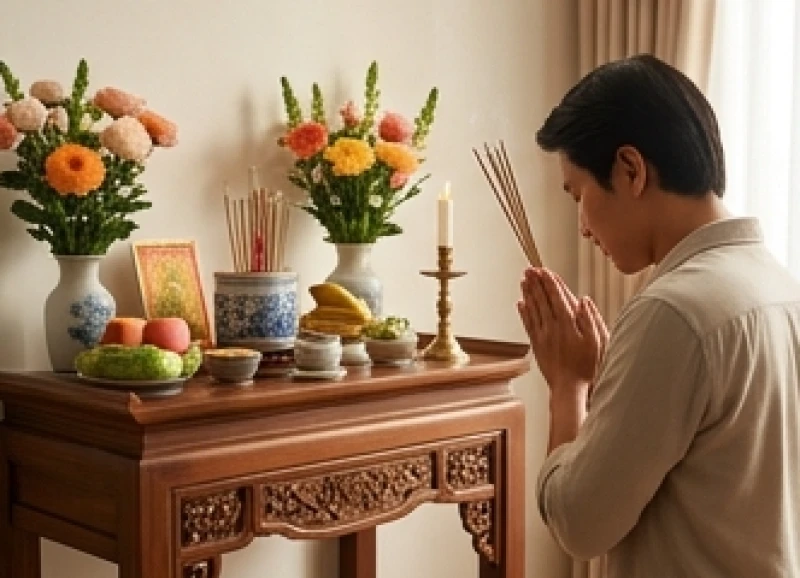 Người đại diện gia đình chắp tay kính cẩn dâng hương trước mâm lễ trong ngày đầy tháng