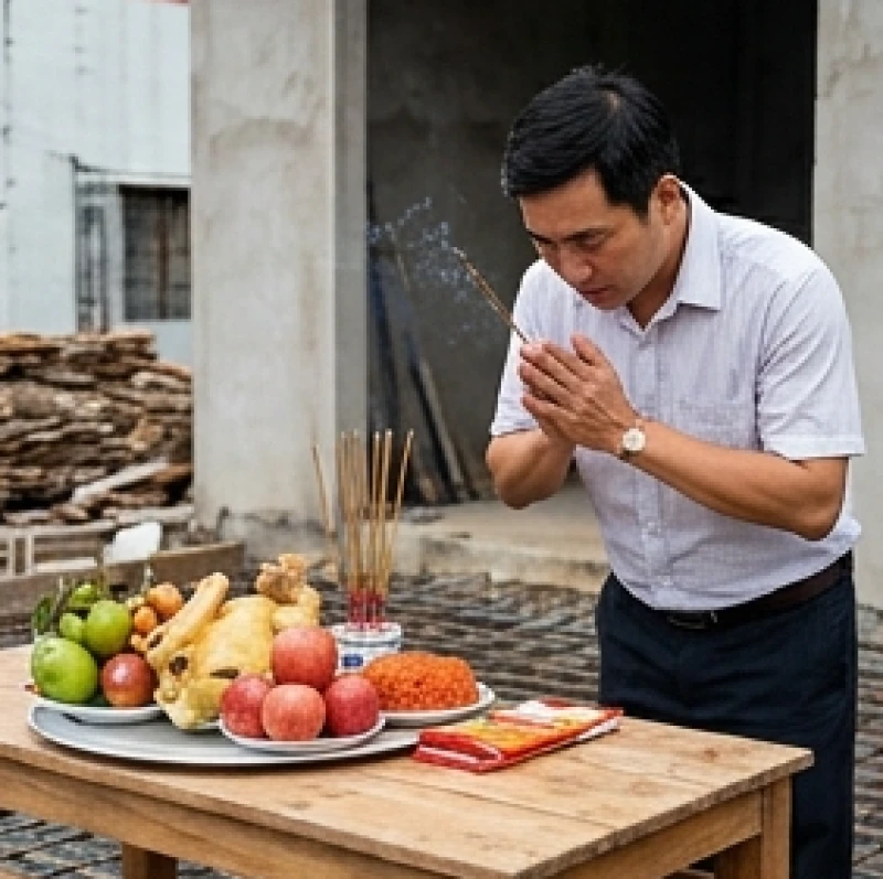 Người đàn ông chắp tay thắp những nén nhang đỏ, thành kính vái lạy trước mâm cúng đặt tại trung tâm mặt sàn tầng một