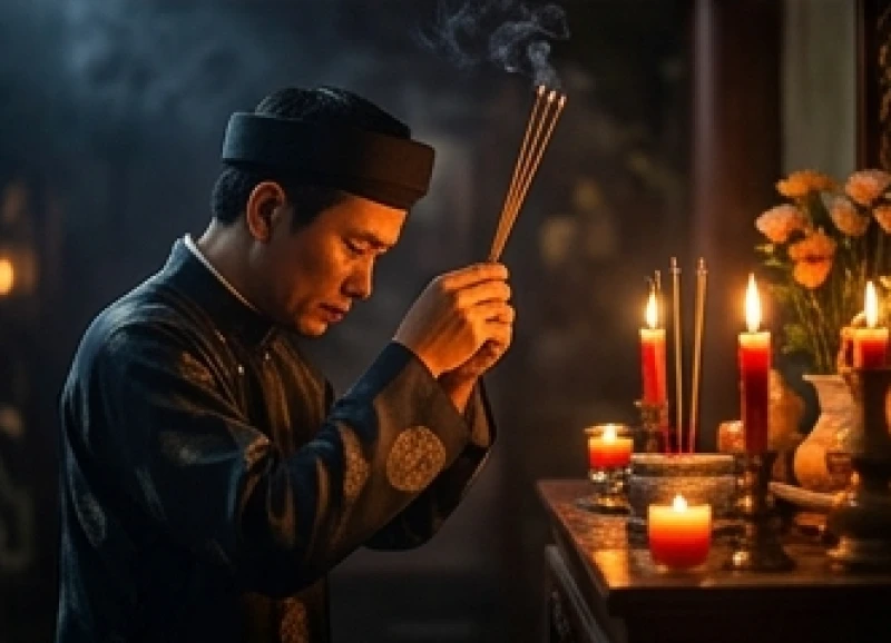 Người cha cẩn thận thắp ba nén nhang trầm trước mâm cúng dứt Mụ cho con