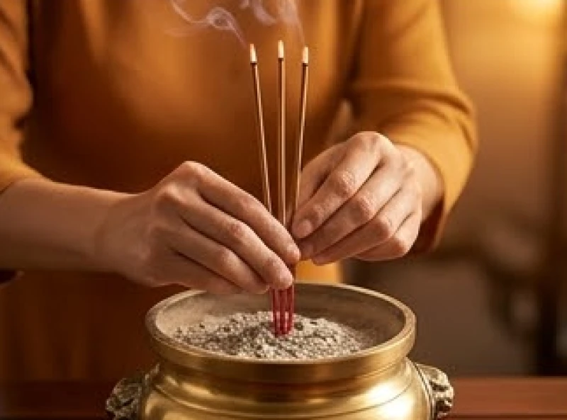 Văn khấn báo cáo gia tiên có việc vui: Bài cúng chuẩn từng hỷ sự 9 Hai tay người dâng hương cầm nén nhang cắm thẳng đứng vào lư hương một cách cẩn thận