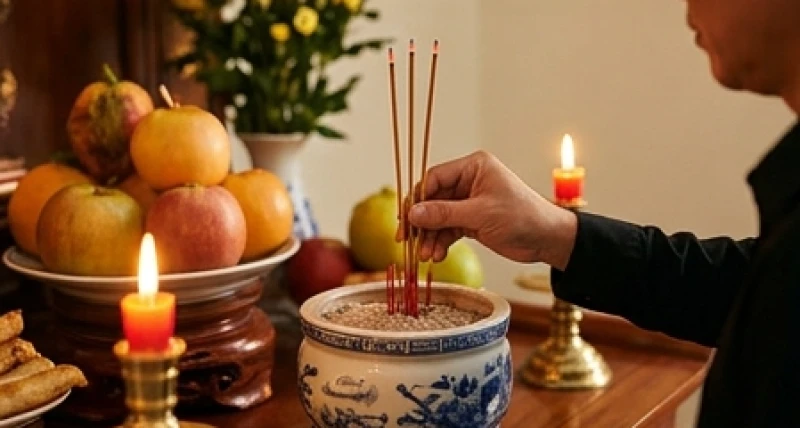 Văn khấn giỗ đầu: Bài cúng chuẩn nghi thức & bảng tra danh xưng 7 Bàn tay gia chủ cẩn thận cắm ba nén nhang đỏ vào bát hương trên bàn thờ