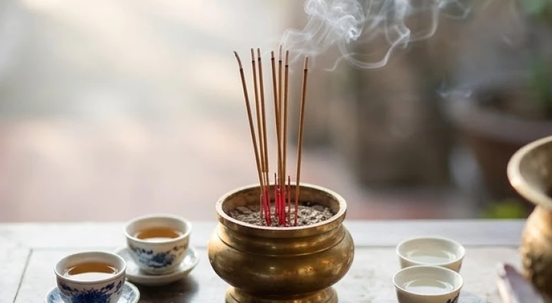 Gia chủ thành kính chắp tay vái lạy trước mâm cúng khai trương nghi ngút khói hương rực rỡ