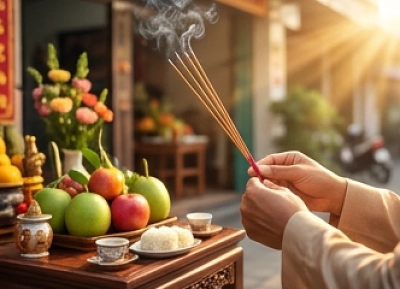 Gia chủ thành tâm thắp nén nhang đầu tiên trên mâm lễ vật trước mặt bằng kinh doanh vào sáng sớm