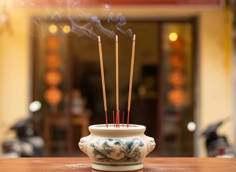 Nén nhang trầm cháy tỏa khói nhẹ trên bát hương trước cửa hàng