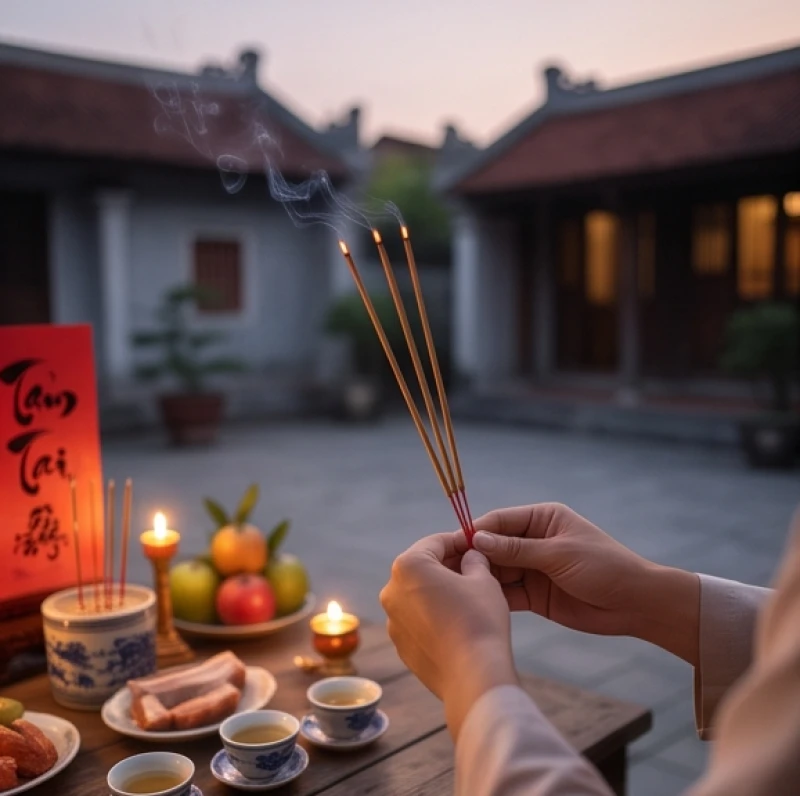 Văn khấn giải hạn Tam Tai đầu năm: Mẫu bài cúng và thủ tục xả hạn 2 Khung cảnh thắp hương trên mâm lễ vật ngoài sân nhà trong thời khắc chuyển giao giữa ngày và đêm