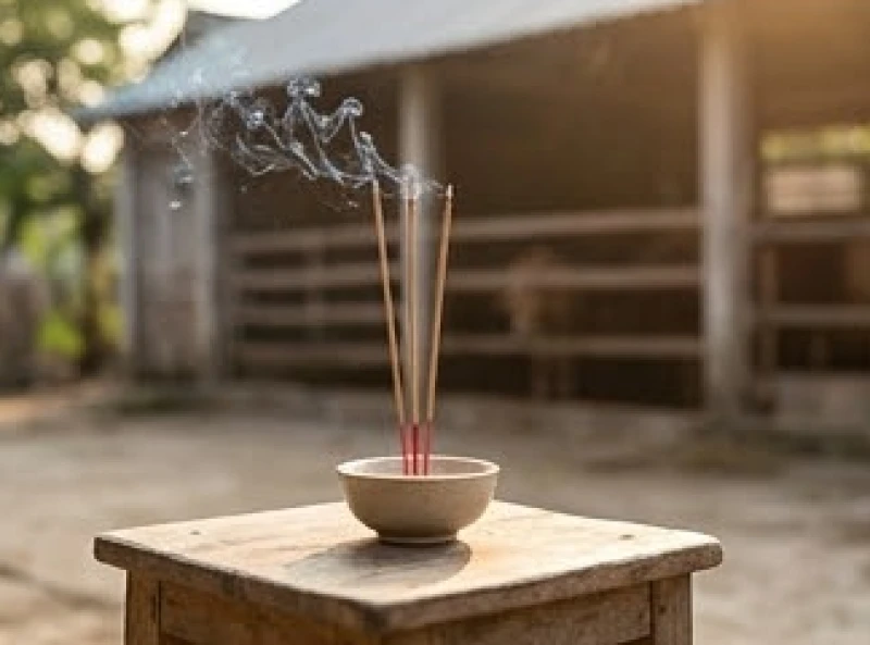 Văn khấn cầu chăn nuôi thuận lợi: Bài khấn chuẩn theo từng vật nuôi 4 Nén nhang trầm đang cháy tỏa khói nhẹ nhàng trên chiếc bàn nhỏ đặt trước khu vực chuồng chăn nuôi
