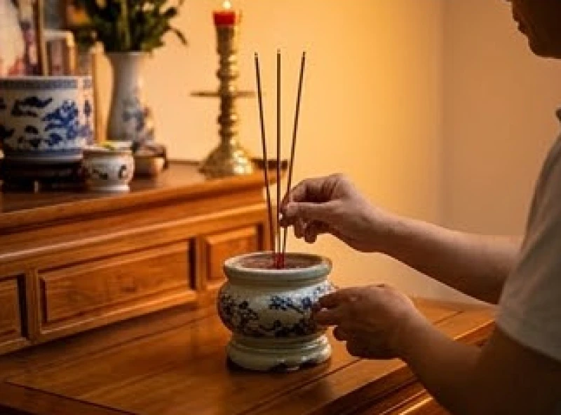 Văn khấn lễ tạ đất: mâm cúng 3 miền, bài khấn và vị trí hành lễ 8 Người đứng cúng chắp tay trang nghiêm thắp nén hương trầm vái lạy trước bàn lễ tạ đất