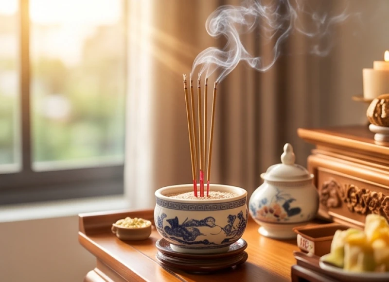 Bát hương nghi ngút khói trầm vào buổi sáng sớm đón nhận nguồn năng lượng dương khí thịnh vượng