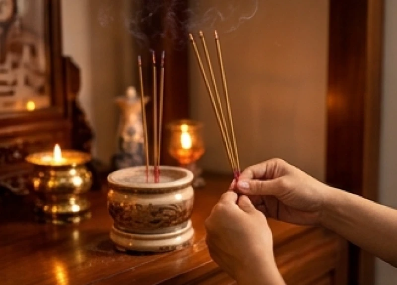 Gia chủ ăn mặc chỉnh tề chắp tay thành kính dâng ba nén hương lên bát nhang bàn thờ Phật trong ánh sáng ấm áp