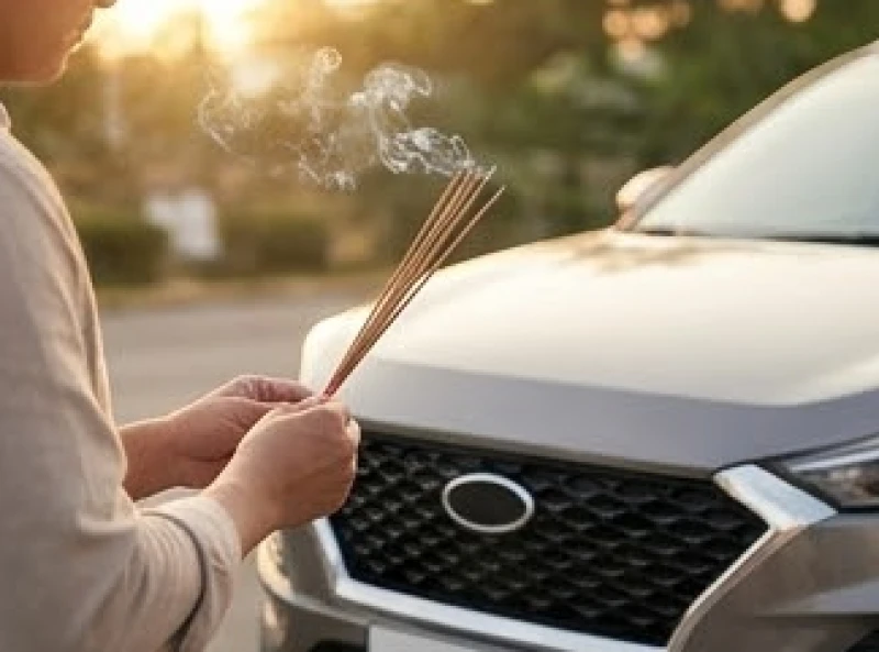 Chủ xe thành tâm thắp hương và đọc văn khấn trước đầu chiếc ô tô mới mua để cầu bình an