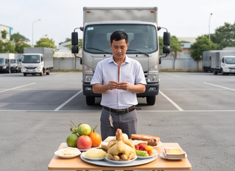 Tài xế mặc trang phục lịch sự chắp tay thắp hương trước mâm lễ cúng xe kinh doanh