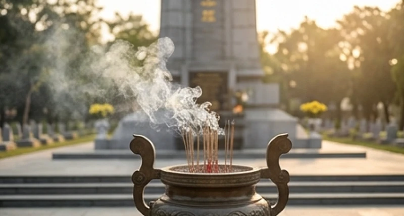 Khói hương trầm lan tỏa từ lư hương lớn đặt trước bức tượng đài uy nghi của nghĩa trang liệt sĩ