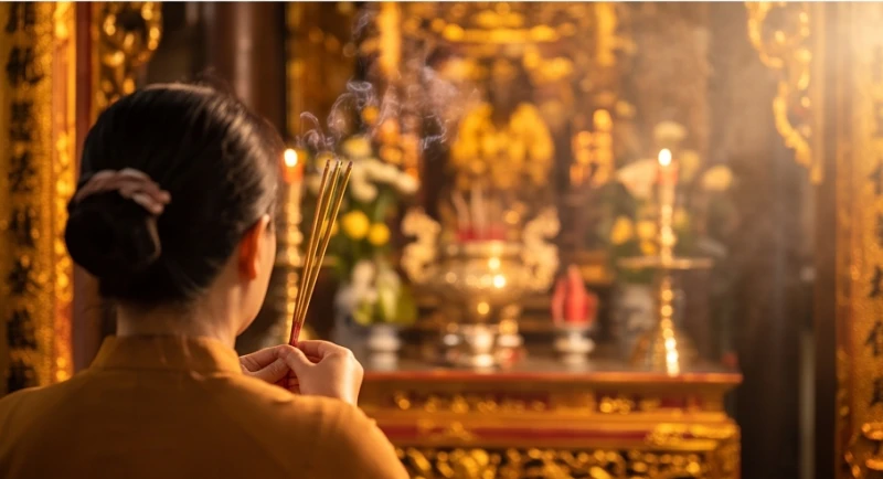 Người đi hành hương thành tâm chắp tay thắp hương trước không gian ban thờ nghi ngút khói