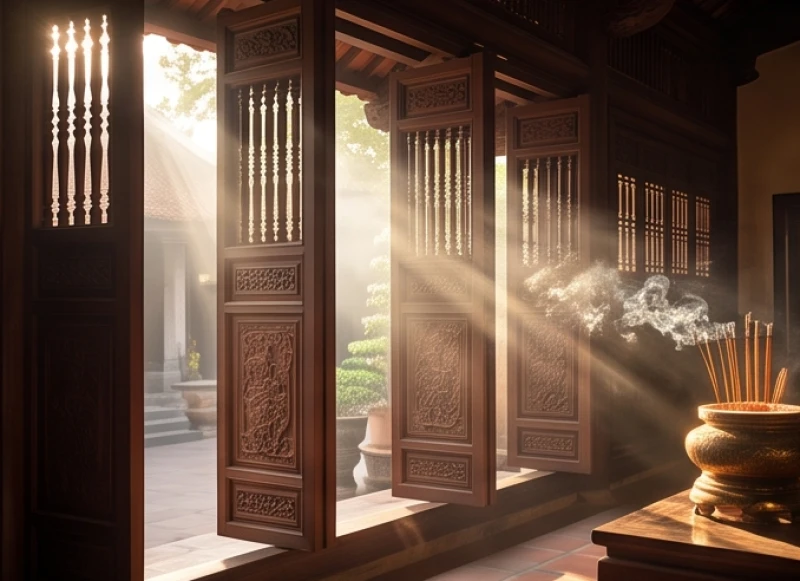Không gian thanh tịnh tại đền vào buổi sáng sớm vô cùng thuận lợi để dâng văn khấn xin lộc Cô Chín