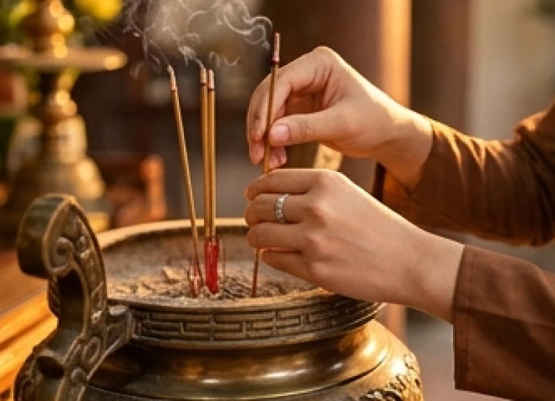 Văn khấn Đền Ngọc Sơn: Bài khấn các ban và quy trình đi lễ chuẩn 5 Tín chủ cầm nén nhang thắp bằng hai tay cắm vào lư hương bằng đồng lớn