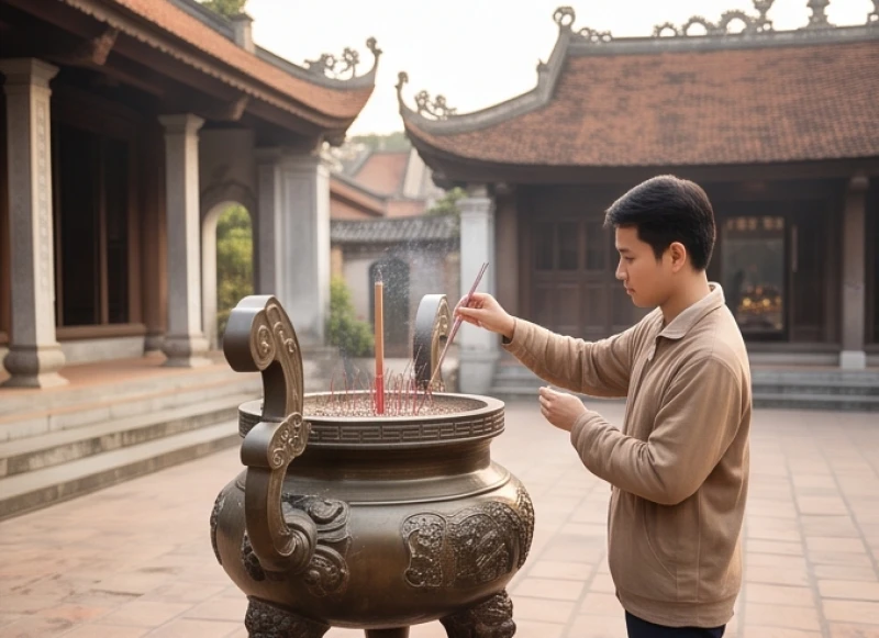 Người đi lễ thắp một nén nhang tại lư hương chung ngoài sân Đền Ngọc Sơn
