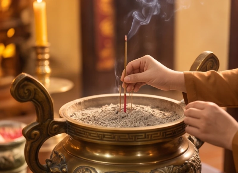 Đôi bàn tay cẩn thận cắm một nén hương đang cháy vào lư hương lớn bằng đồng trước ban thờ