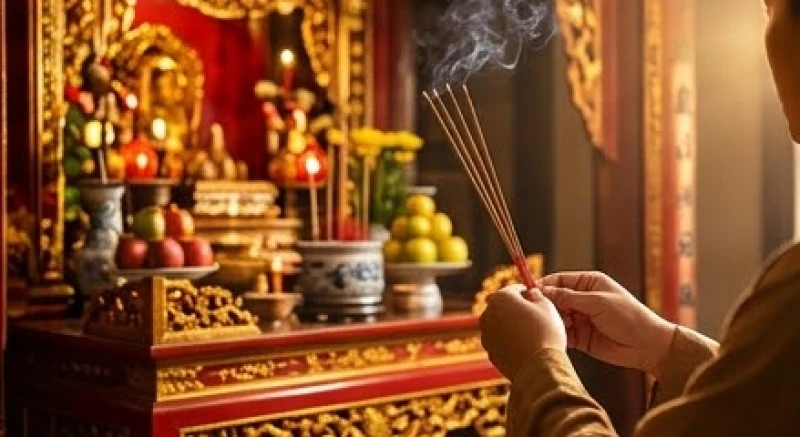 Tín chủ thắp nén nhang thành kính và chắp tay khấn nguyện ngay trước ban thờ chính của đền