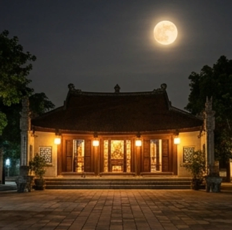 Văn khấn đình làng ngày rằm: Bài cúng ngày Vọng & trình tự chuẩn 2 Đêm rằm sáng tỏ soi chiếu mái đình làng truyền thống khi người dân đến thắp hương cầu an