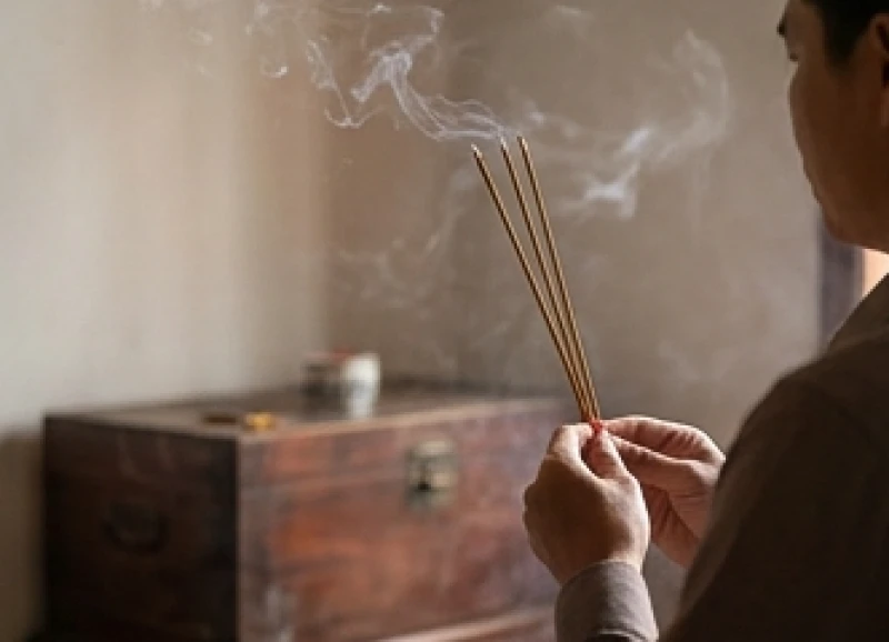 Gia chủ chắp tay thành tâm trước ngực và đọc văn khấn thay bàn thờ trong không gian ngập tràn khói nhang