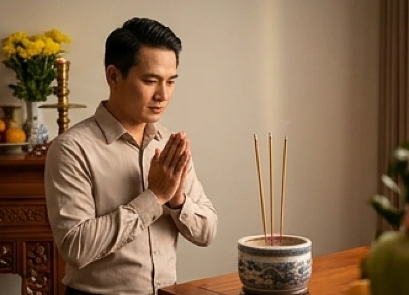 Văn khấn bao sái bát hương cuối năm: Bài bản và đúng nghi thức 6 Người đàn ông mặc áo sơ mi dài tay trang nghiêm chắp tay vái lạy trước bàn thờ để xin phép lau dọn