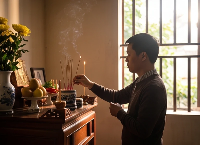 Văn khấn khi đi lễ đền: Chi tiết bài khấn Nôm và cách sắm lễ 5 Gia chủ chắp tay thắp ba nén hương tại ban thờ gia tiên trong nhà trước khi sửa soạn đồ đạc xuất hành đi lễ đền