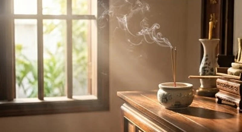 Không gian thờ tự bừng sáng với ánh nắng ban mai rực rỡ chiếu rọi lên mâm cúng và bát hương