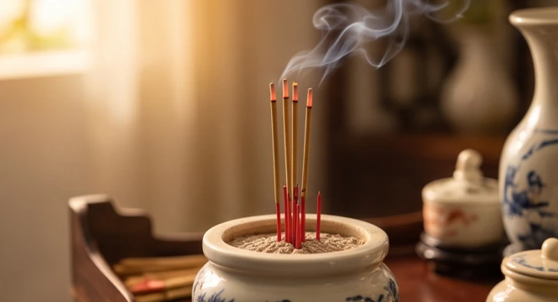 Văn khấn Tết Hàn Thực: Bài cúng chuẩn nghi lễ theo từng ban thờ 4 Nén nhang đang cháy trên bàn thờ với ánh sáng dịu nhẹ mang lại không gian thờ cúng linh thiêng