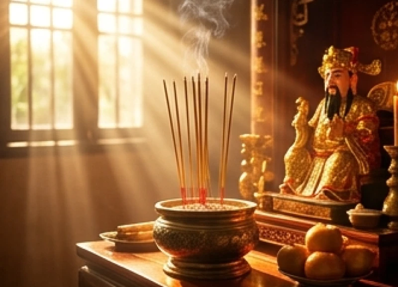Bát hương Thần Tài nghi ngút khói trầm trong khung giờ Tỵ hoàng đạo buổi trưa