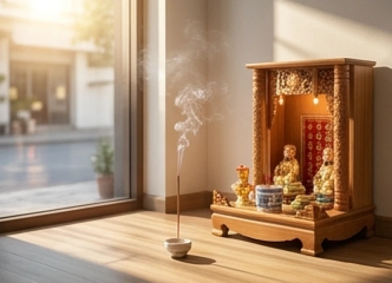 Ánh nắng buổi sáng sớm chiếu rọi vào bàn thờ Thần Tài khi gia chủ thắp hương khai trương đón khách