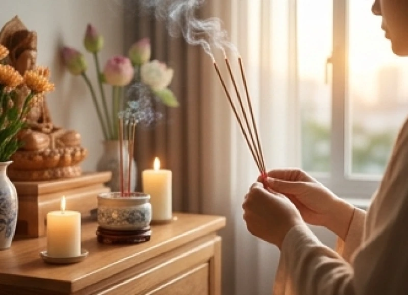 Gia chủ thành tâm thắp hương dâng lễ lên bàn thờ Phật Mẫu vào khung giờ Mão thanh tịnh.