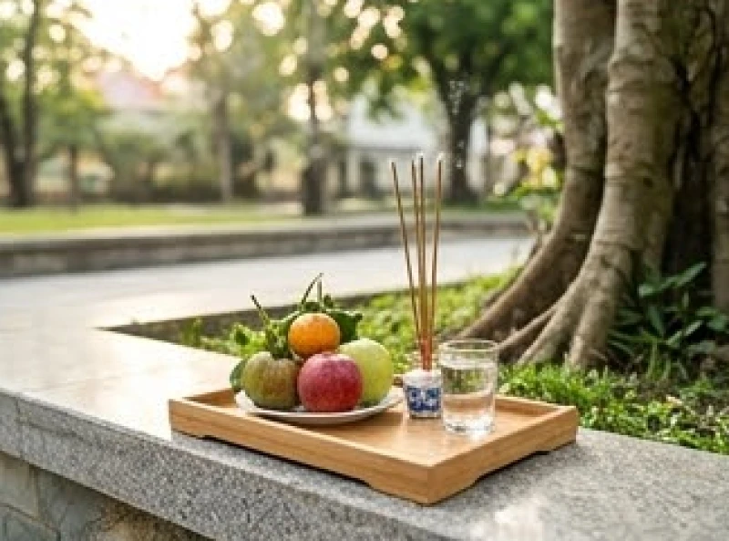 Một khay lễ nhỏ gọn với trái cây tươi và ly nước trong được đặt cẩn thận gần gốc cây lộc vừng
