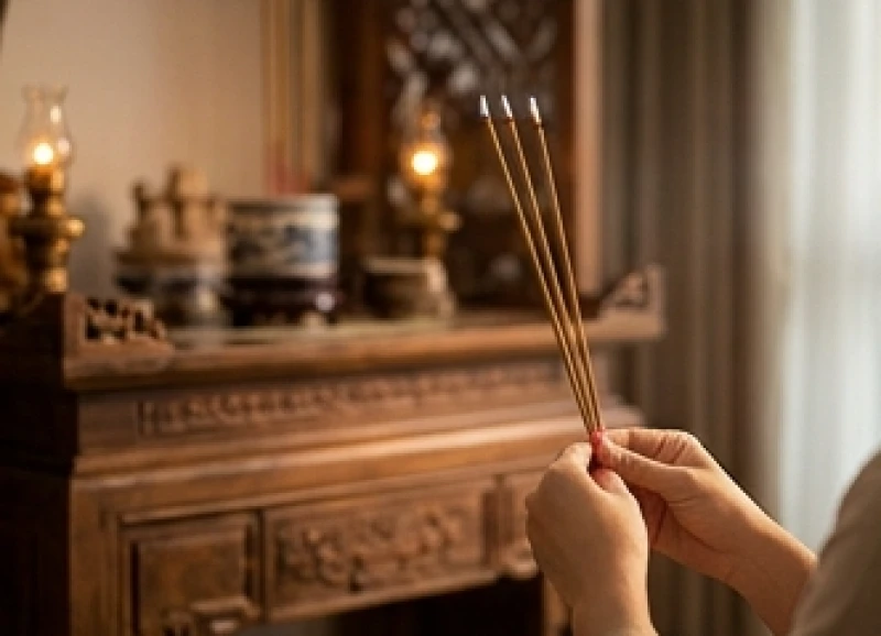 Gia chủ chắp tay thành kính thắp ba nén nhang trước bàn thờ cũ để chuẩn bị đọc bài văn khấn xin tháo dỡ và xê dịch