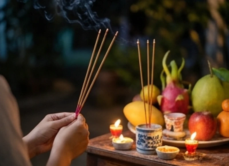 Gia chủ trang phục chỉnh tề đang thắp nhang và thành tâm khấn nguyện trước mâm lễ ngoài trời