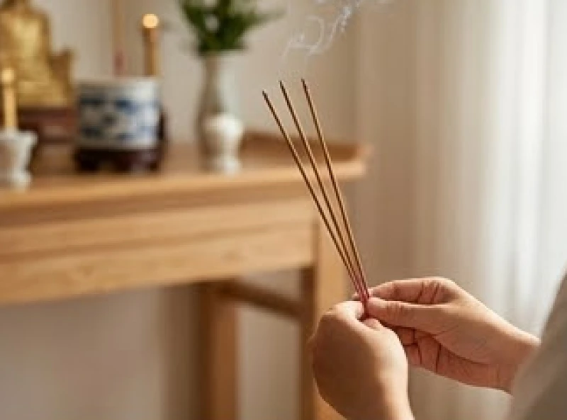 Tuổi Tỵ nhập trạch ngày nào tốt: lịch giờ đẹp và trình tự cúng 5 Đôi bàn tay nam giới trang nghiêm chắp ba nén nhang rực cháy thành kính báo cáo các vị thần linh và gia tiên