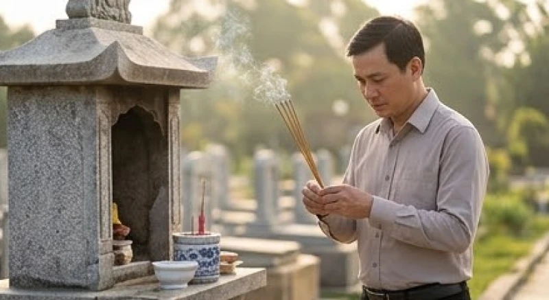 Văn khấn tảo mộ ngày giỗ: Bài cúng chuẩn cho Giỗ đầu & Giỗ thường 5 Người đại diện gia đình chắp tay thành kính đọc bài khấn xin phép các vị quan cai quản khu vực nghĩa trang