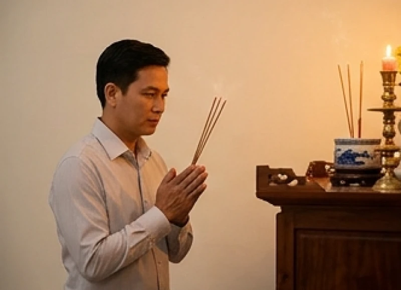 Văn khấn hết tang vợ: Bài cúng chuẩn Hiển thê & nghi lễ xả tang 5 Người chồng mặc áo sơ mi nghiêm trang thắp ba nén nhang trước ban thờ Thổ Thần và Táo Quân